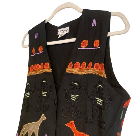 Vintage 90s Instyle New York Black Tribal Embroidered Fitted Rayon Vest Sz Small - Picture 11 of 16